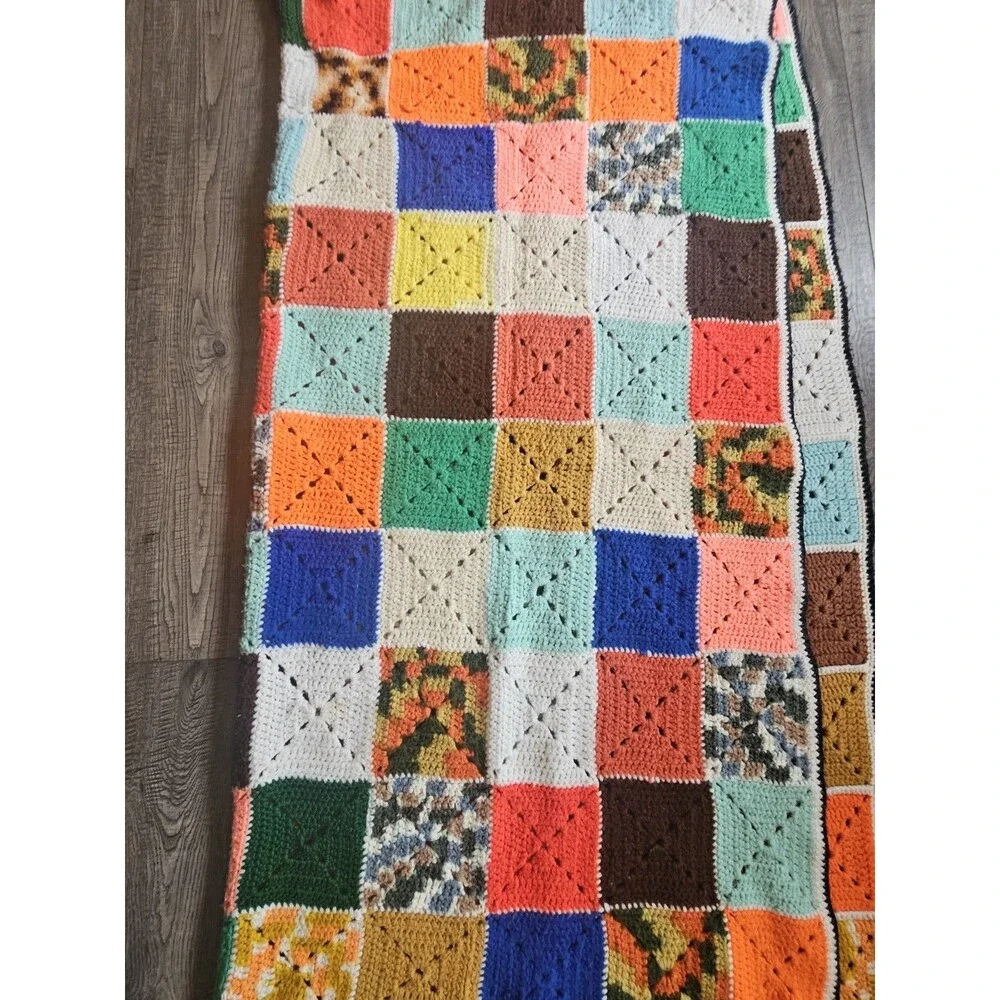 Vintage Handmade Crochet Granny Square Afghan Blanket Multi 52”x56